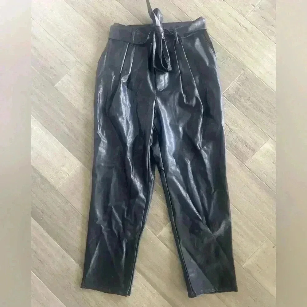 EXPRESS | Faux leather pleated cropped trouser pants with tie waist belt - Picture 1 of 4